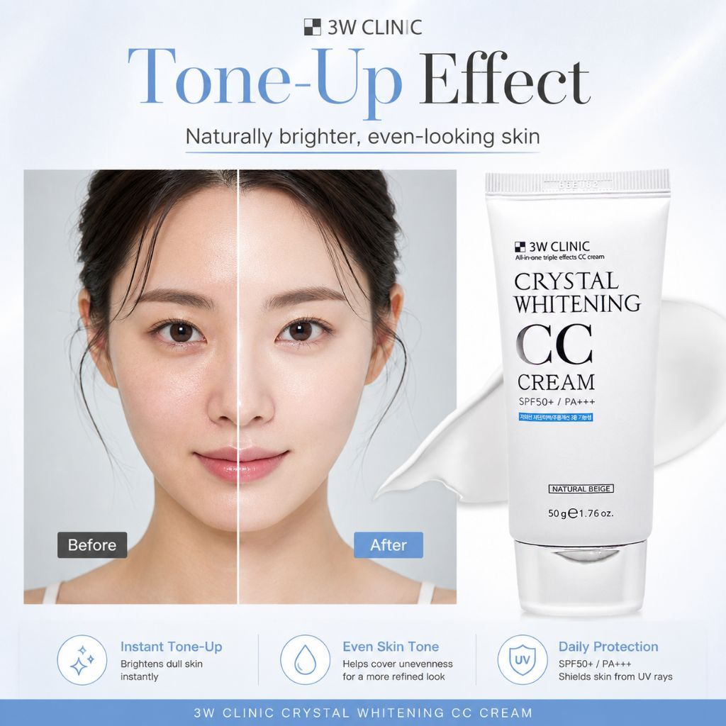 3W CLINIC Creme CC Clareador Cristal Fps 50 + 50ml | Base De Maquiagem Protetora Solar De Pele De Vidro Tonificante Impe
