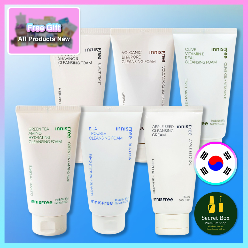 Conjunto de seis tubos de espuma de limpeza facial da marca Innisfree, cada um com 150g, exibindo diferentes variantes como Green Tea, Bija Trouble, Volcanic BHA Pore, Olive Vitamin E e Apple Seed, dispostos sobre um fundo azul com ícones de presente e da bandeira da Coreia do Sul.