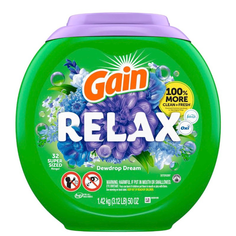 Gain Flings Relax Dewdrop Dream 32 Cápsulas Pods extra grandes Detergente  Lavanderia Importado Febreze Oxi