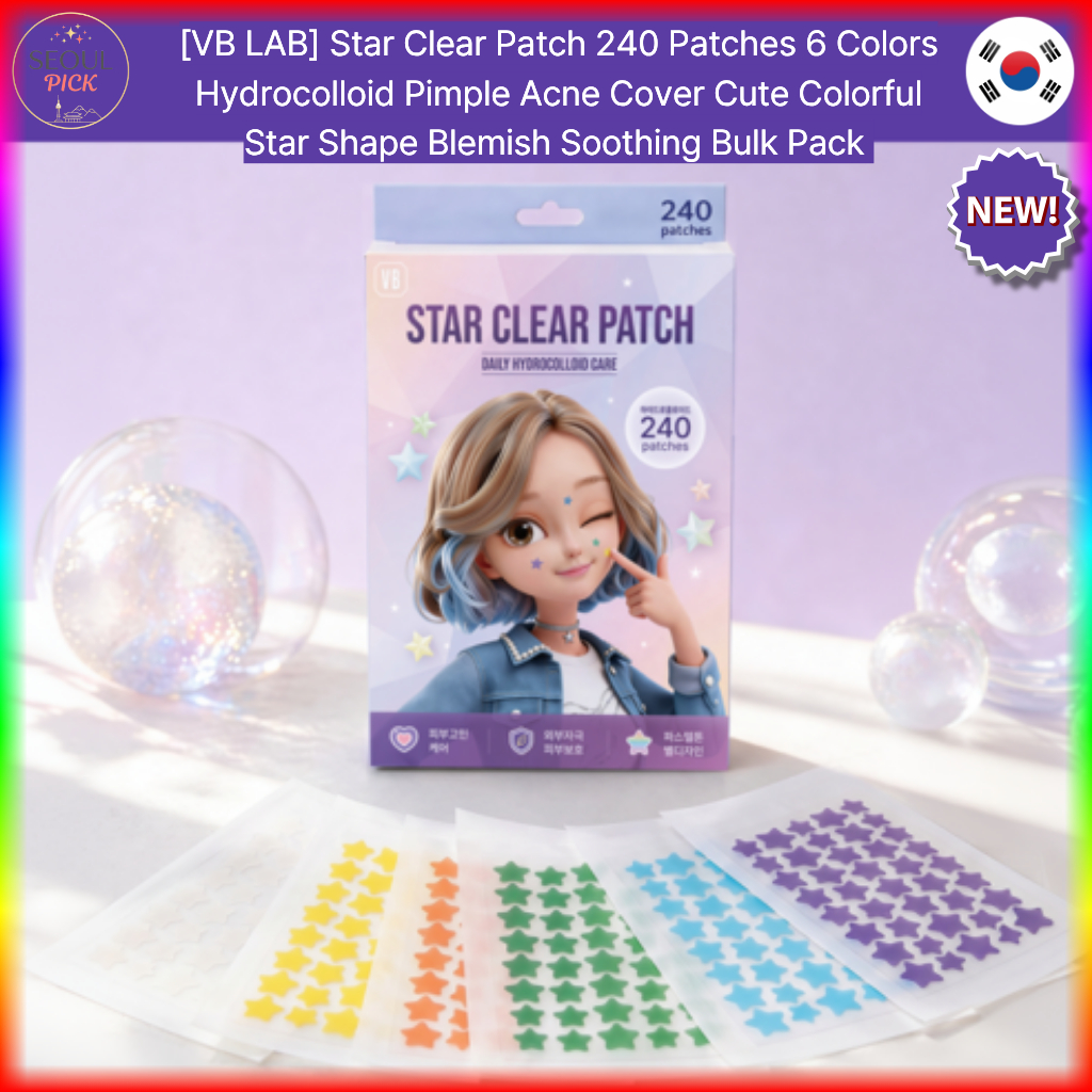 [VB LAB] Star Clear Patch 240 Patches 6 Cores Hidrocolóide Espinha Acne Capa Fofa Colorida Forma De Estrela Mancha Calma