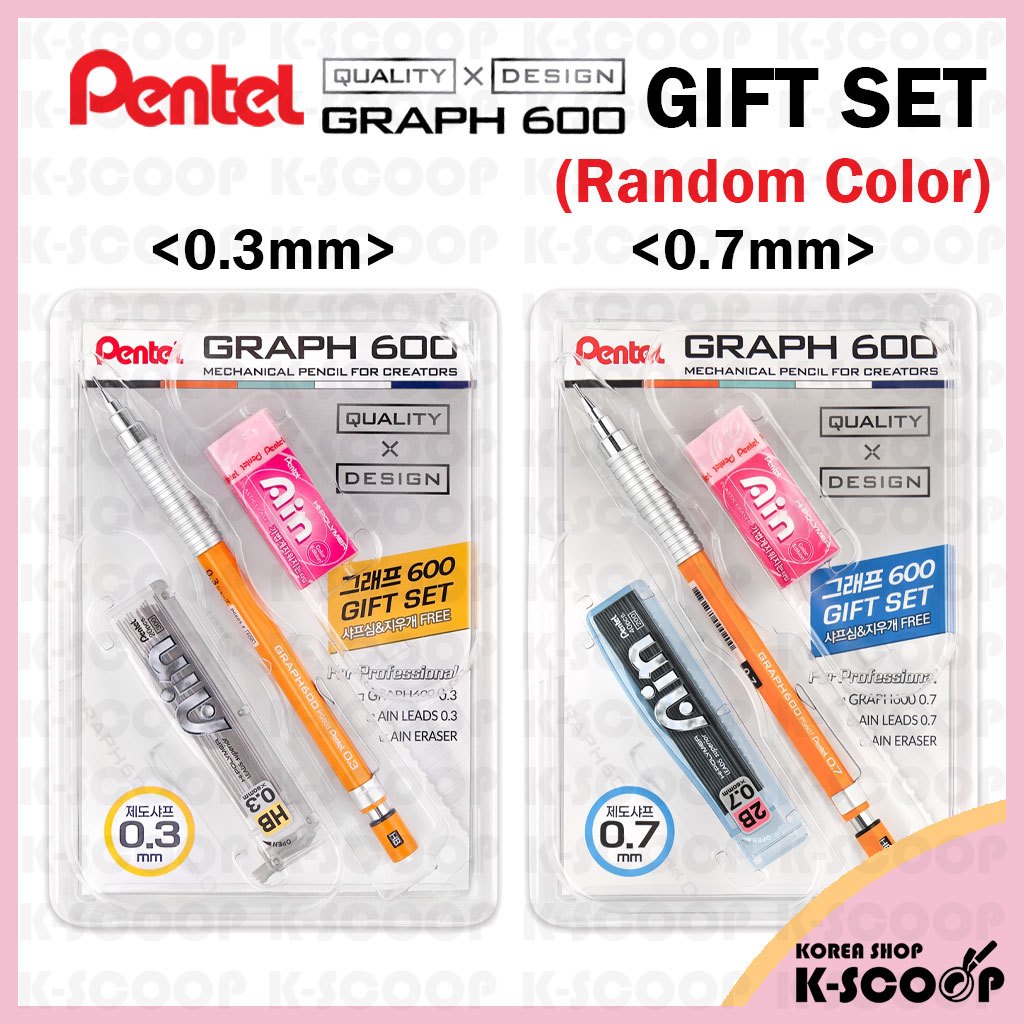 Conjunto De Presente Pentel Graph 600 0.3 Mm 0.7 (Lápis Mecânico + Borracha Ain + Chumbo)