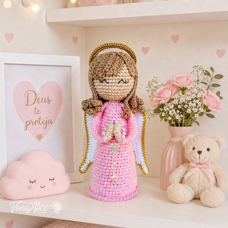 Anjinha de Crochê com Terço Decorativo Anjo da Guarda Artesanal Presente Religioso Católico Decoração Infantil
