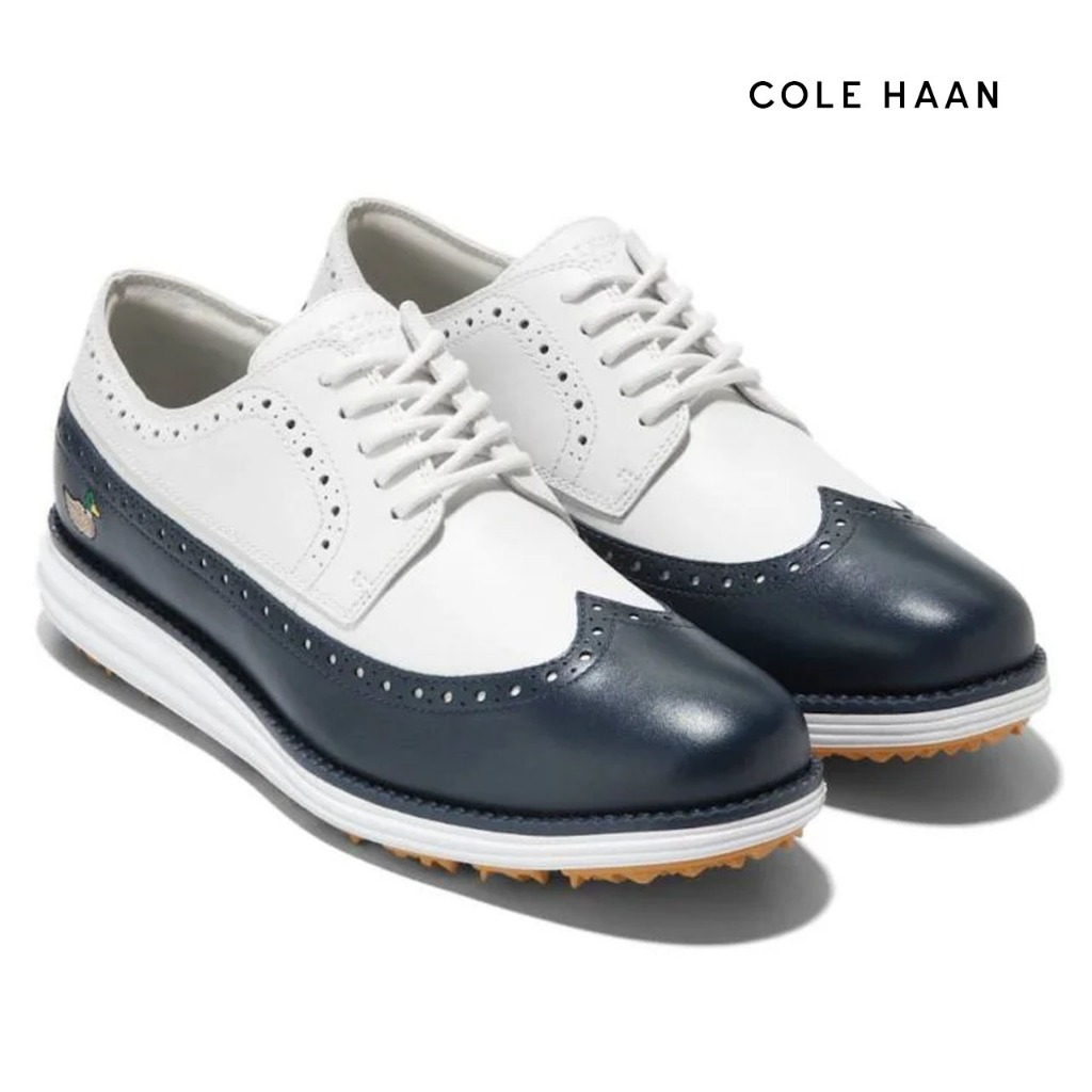 [Cole Haan] OriginalGrand Wingtip Oxford Sapatos De Golfe Masculinos De Couro À Prova D'água Azul Marinho Blazer Branco