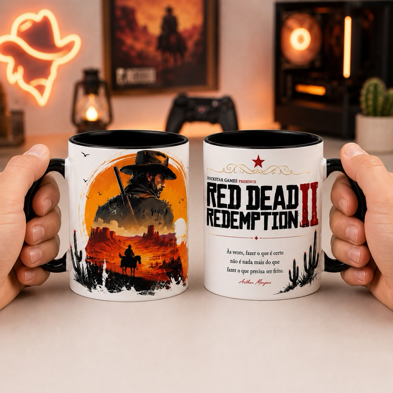 Caneca Porcelana Red Dead Redemption 2 Gamer 325ml Preta | Faroeste Arthur Morgan