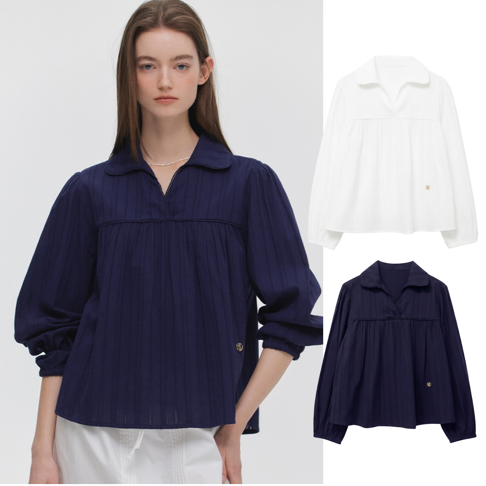 marie claire Blusa Com Gola De Renda MAGABL08M Feminina De Ajuste Regular Casual Algodão Estilo Coreano Branco Marinho (2 Cores)