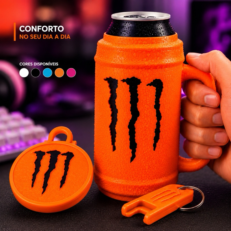 Kit Caneca Suporte Copo Porta Lata Monster Energético 3 em 1 Com Tampa para Lata + Chaveiro Abridor