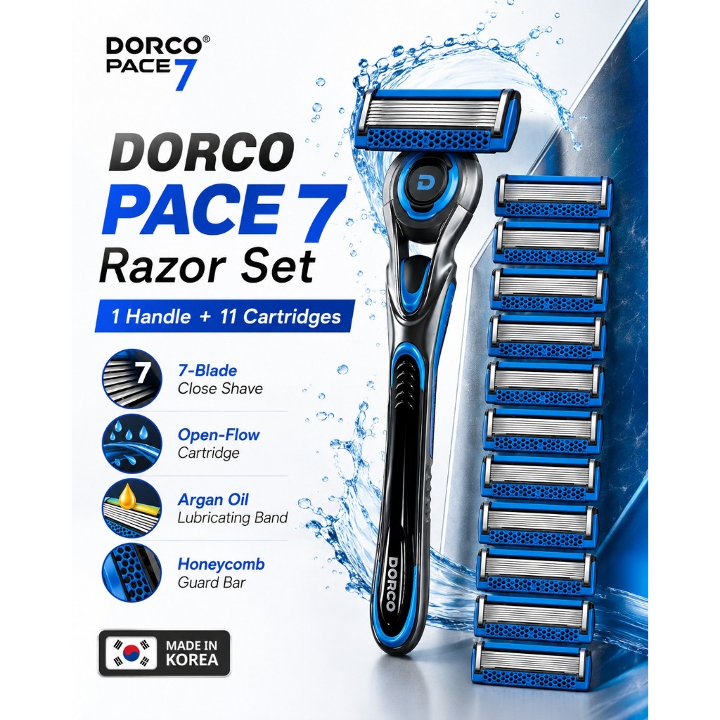 Fabricado Na Coreia | Conjunto De Lâminas De Barbear DORCO PACE 7 1 Cabo + 11 Cartuchos Barbeador Premium De 7 Para Próx