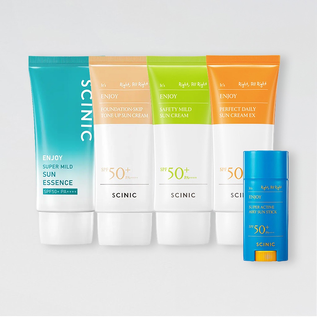 SCINIC Protetor Solar 5 Tipos -  Super Mild Essence, Airy Sun Stick, Tone-Up, Perfect Daily, Safety Mild