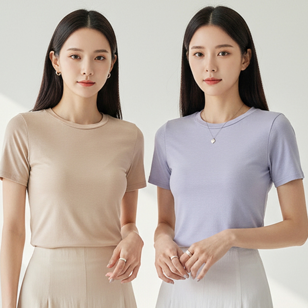 Camiseta Feminina De Manga Curta Elástica Gola Redonda Slim Fit Coreana Feita Rayon 95 % , Elastano 5