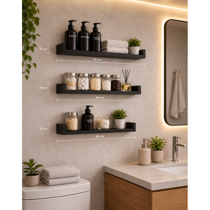 Kit 3 Prateleiras banheiro Decorativas 40x10 MDF Suspensa Banheiro Cozinha escritos quartos