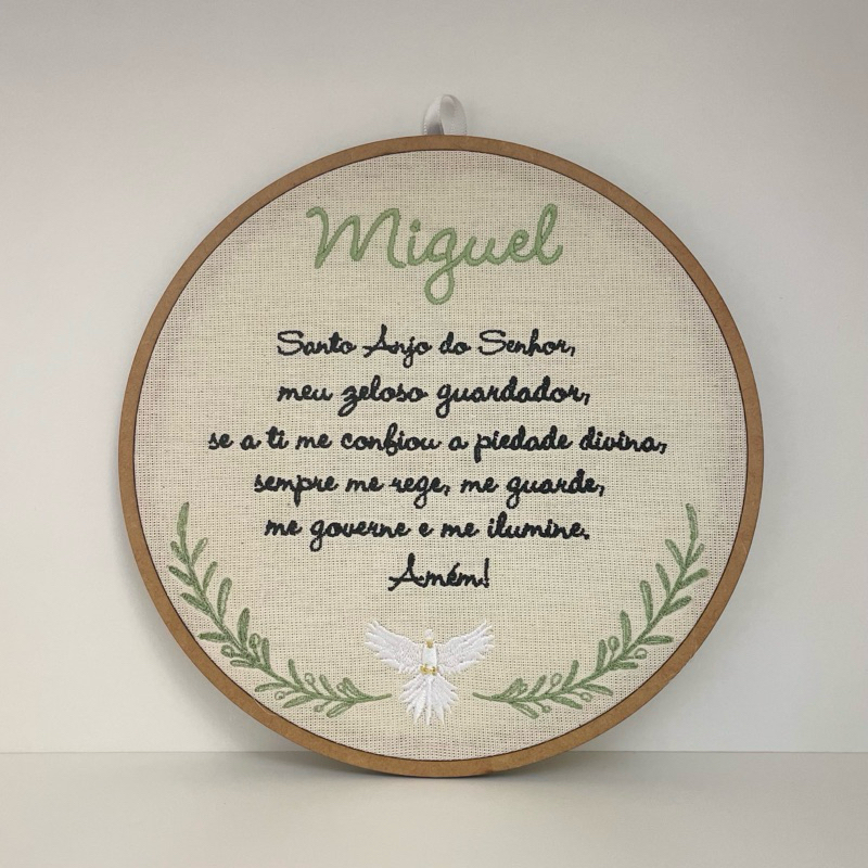 Quadro Bordado bastidor Personalizado Santo Anjo Batizado