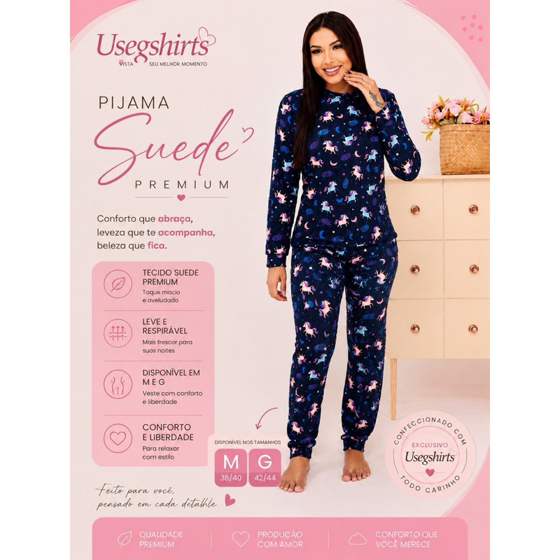 Pijamas De Frio Feminino Confortável Calça Comprida Baby doll Calça c/ blusa manga longa Unicórnio