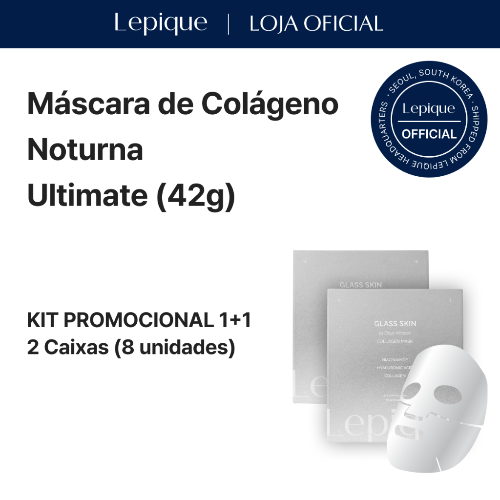 Lepique Loja Oficial｜(KIT Promocional 1+1 – 8 Unidades) Máscara de Colágeno Glass Skin 14 Dias Milagrosa 42g｜Máscara Noturna Ultimate｜Essência de Ampola Premium｜Pele Radiante e Iluminada｜Cuidado dos Poros｜Hidratação Profunda｜Fórmula Suave｜Feita na Coreia
