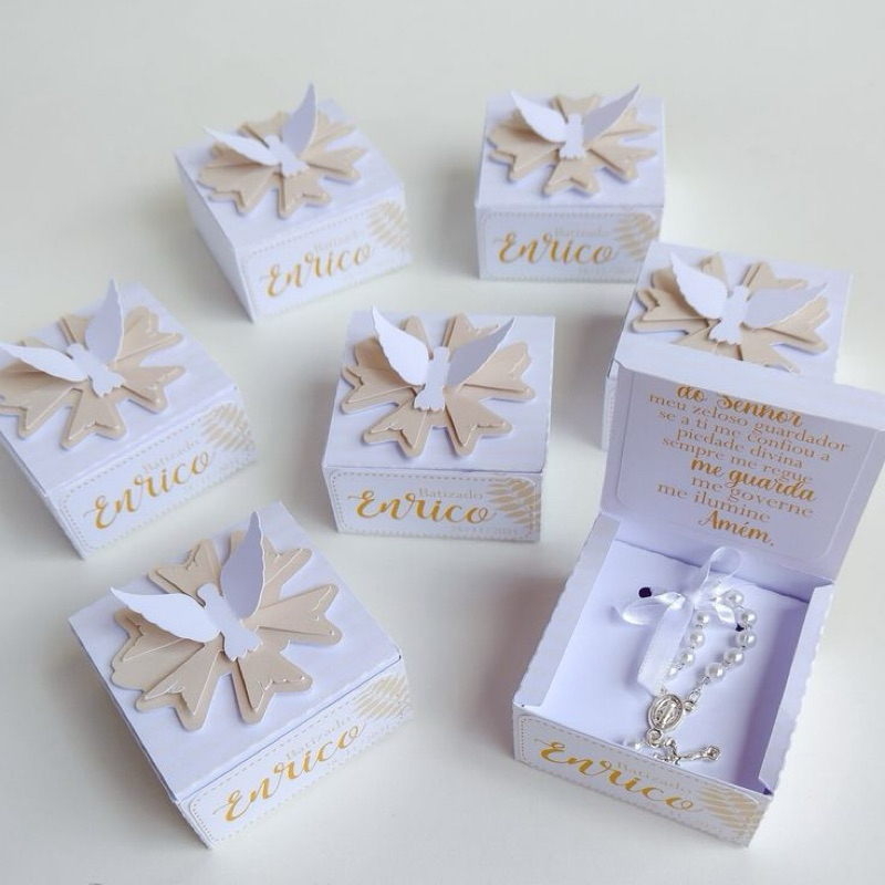 Caixa Lembrancinha Batizado Primeira Eucaristia Personalizada com Nome Laço e Anjinho Corte Especial