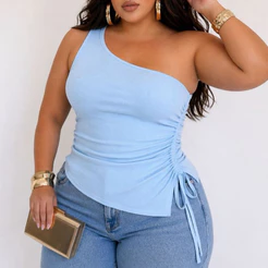 Blusa Feminina Plus Size Feminina Drapeada Assimétrica Ribana Canelada Algodão Um Ombro Só Tamanho Grande