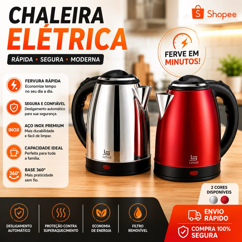 Chaleira Elétrica Inox Automática Desligamento Jarra Bule Bebidas Quentes Café Chá Cozinha Casa Panela Garrafa Inox Top