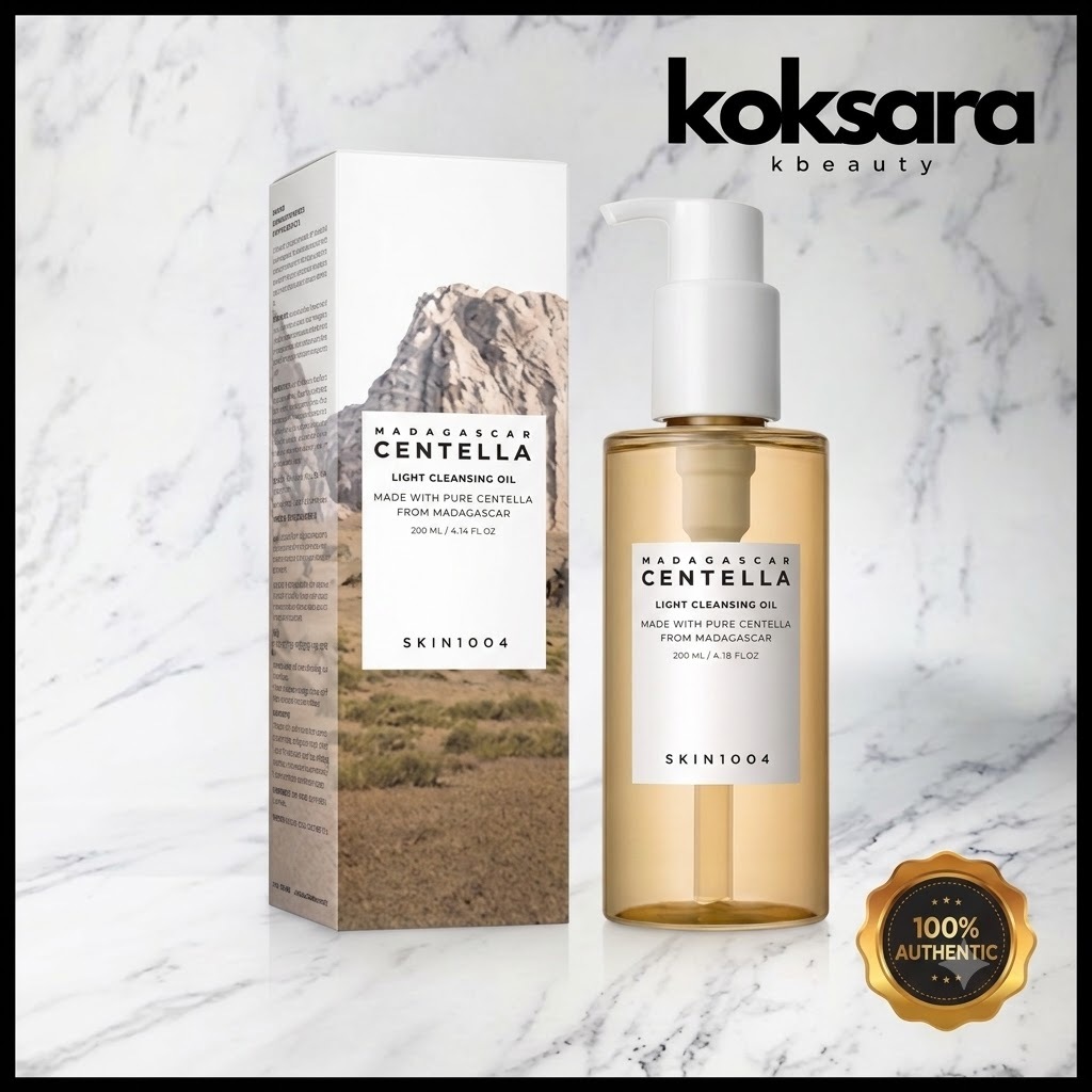 Frasco de 200ml do óleo de limpeza SKIN1004 Madagascar Centella ao lado de sua embalagem externa sobre fundo de mármore branco com selo de autenticidade