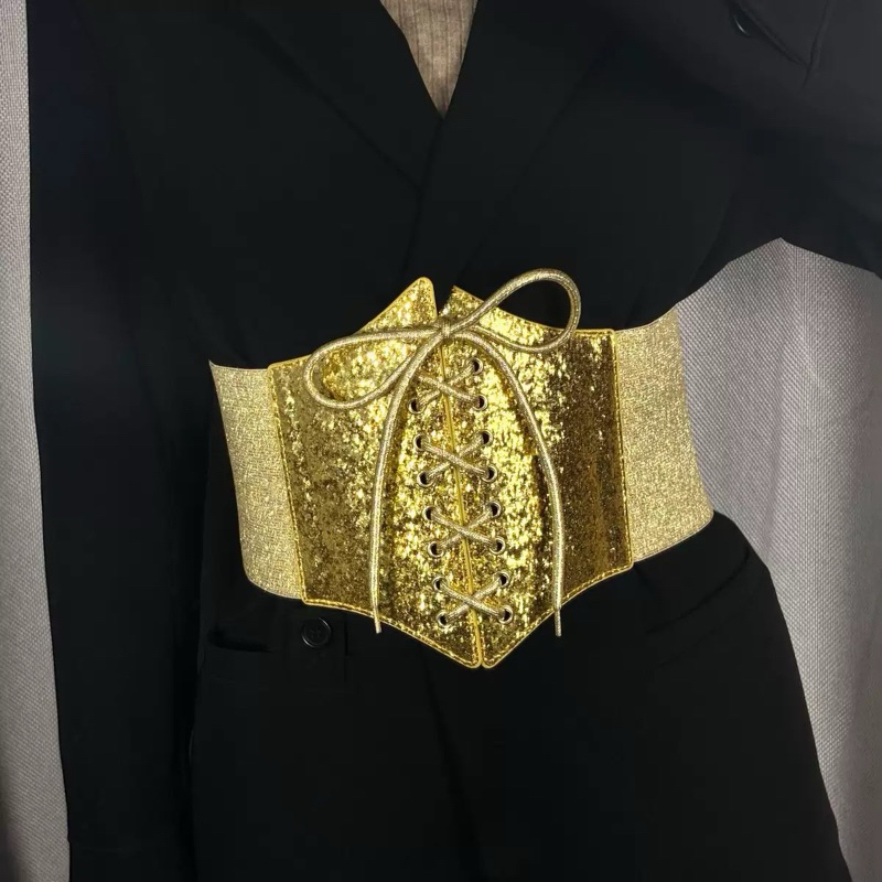 Cinto Espartilho Feminino Preto/Dourado Corset Largo Elástico Na Cintura BBH-23