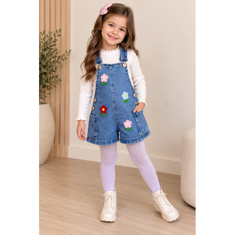 macacão jeans infantil flores