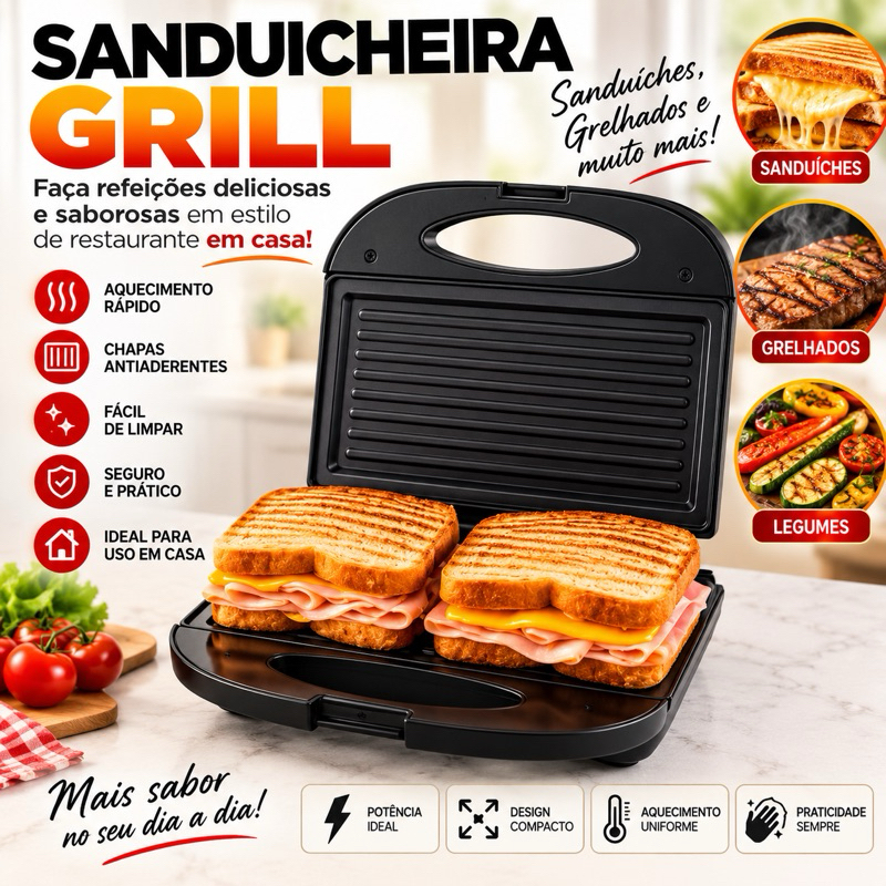 Sanduicheira Grill Elétrica 2 em 1 750W 127/220V Antiaderente Prensa Dupla Rápida Compacta Lanches Carnes Fácil Limpeza