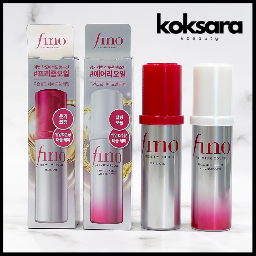 Duas caixas e dois frascos do tratamento capilar Fino Premium Touch, exibindo as versões Hair Oil e Airy Smooth Hair Oil Serum de 70ml cada.