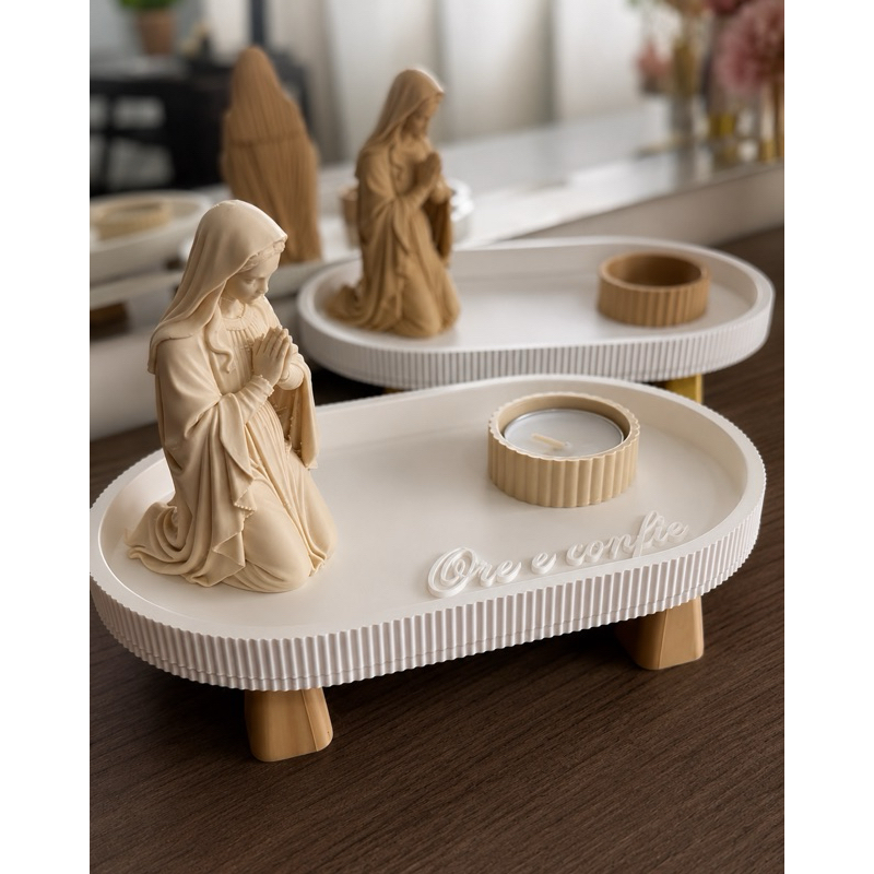 Kit Decorativo Cristão em Impressão 3D com Nossa Senhora ePorta-Vela | Decoração Religiosa para Mesa, Sala e Altar terço