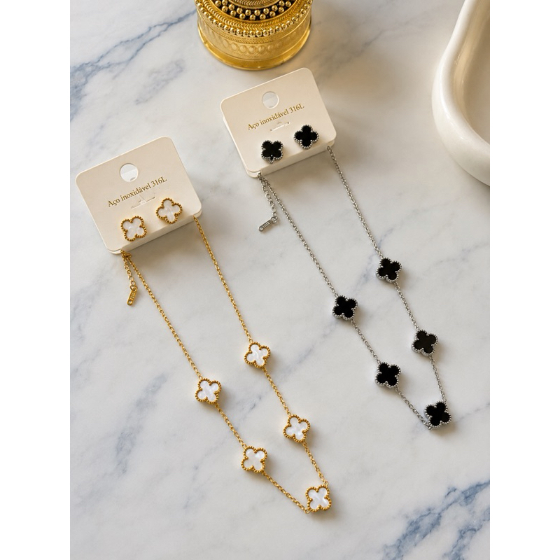1 Kit Colar + Brinco Trevo Branco Madrepérola Aço Inoxidável 316L Feminino Antialérgico Luxo
