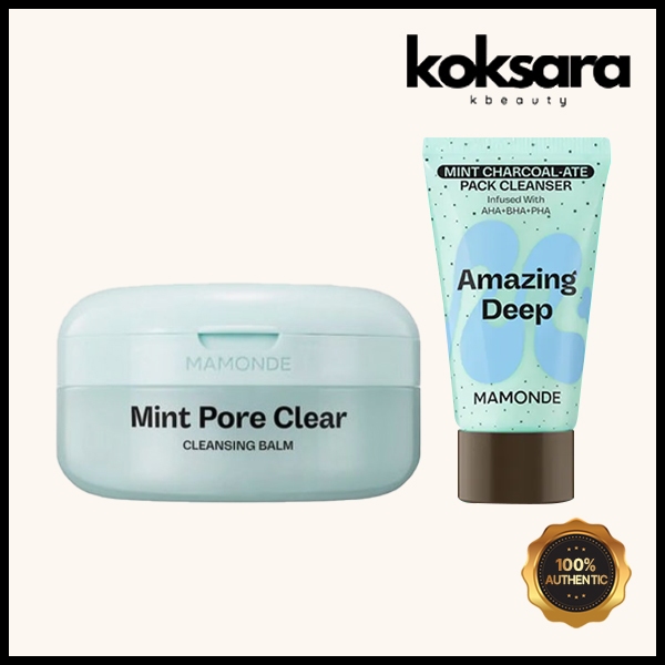 Kit de skincare Mamonde contendo um pote de Mint Pore Clear Cleansing Balm e um tubo de Mint Charcoal Pack Cleanser com selo de autenticidade