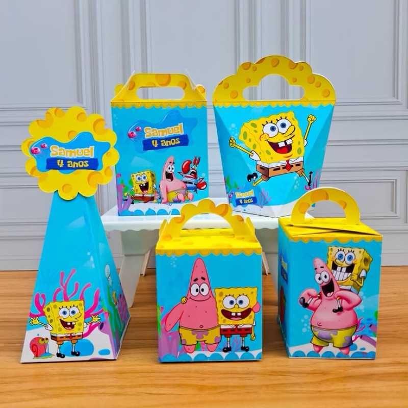 Kit Festa Bob Esponja Personalizado Lembrancinhas Aniversário Caixas Milk Cone Fundo do Mar Nome e Idade