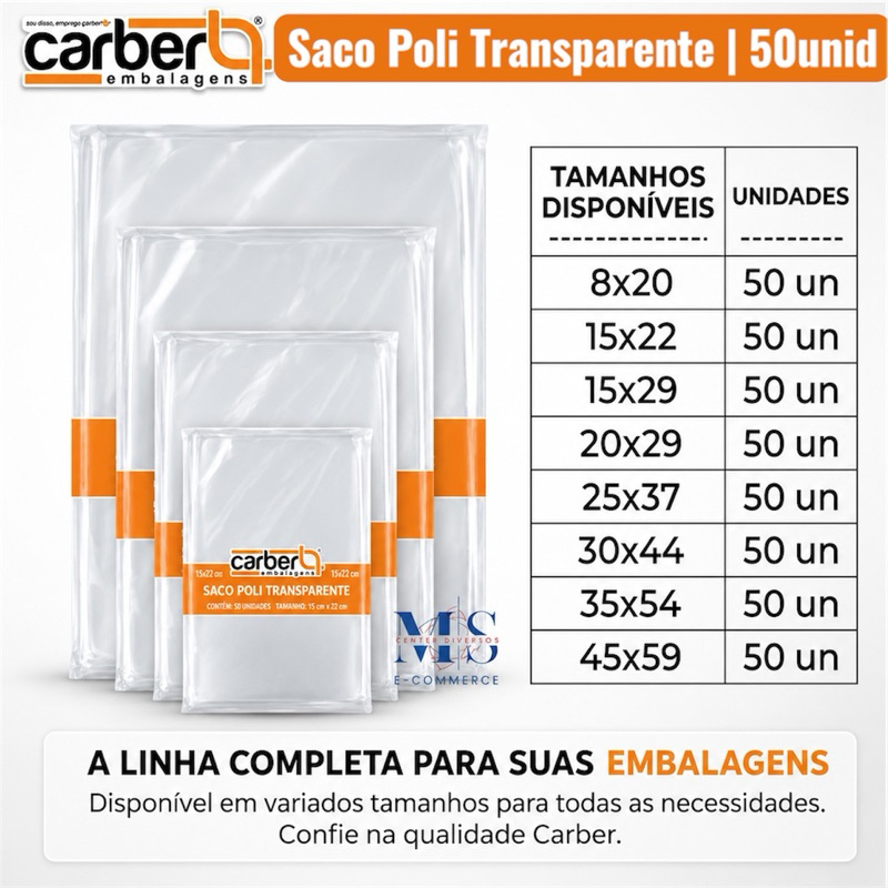Sacos plasticos Poli Transparente Carber C/50 unidades diversos tamanhos Grandes - 20x29 25x37 30x44 35x54 45x59 cm