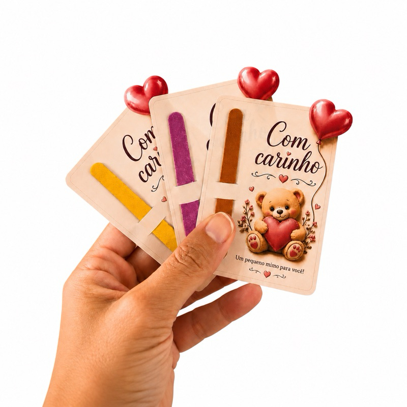 Kit 30 Cartões Com Carinho 7x10cm com Mini Lixa Colorida 8cm | Lembrancinha para Clientes
