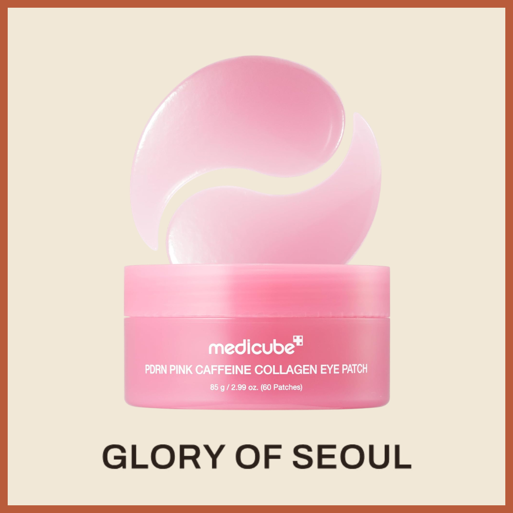 Embalagem rosa do Medicube PDRN Pink Caffeine Collagen Eye Patch com dois patches em formato de gota flutuando acima do pote