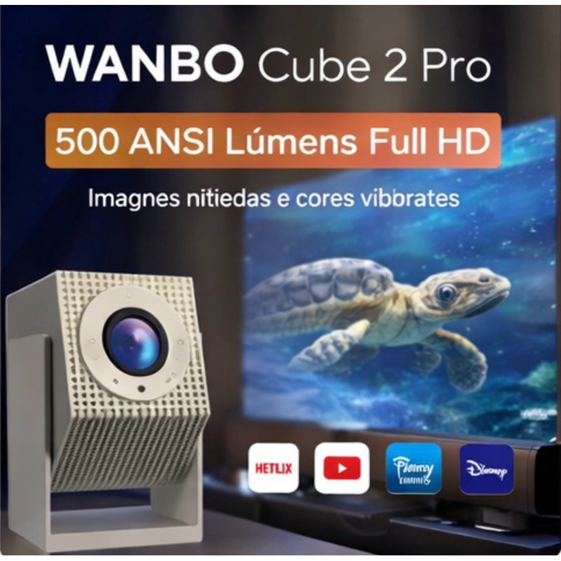 Projetor Wanbo Cube 2 Pro Full HD 500 ANSI Smart Android Netflix YouTube WiFi Bluetooth Portátil Cinema em Casa