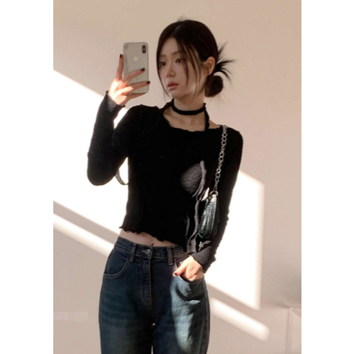 SIASEOUL Gargantilha Com Babados Premium Pintuck Slim Fit Semi Crop Top De Malha Canelada Para Mulheres Suéter Feminino