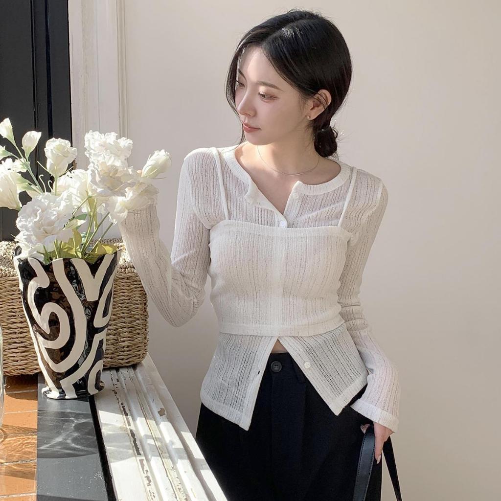 SIA Seul PREMIUM Semi-Crop Camisola E Cardigan Conjunto De 2 Peças Feminino Top De Malha Leve Moda Coreana