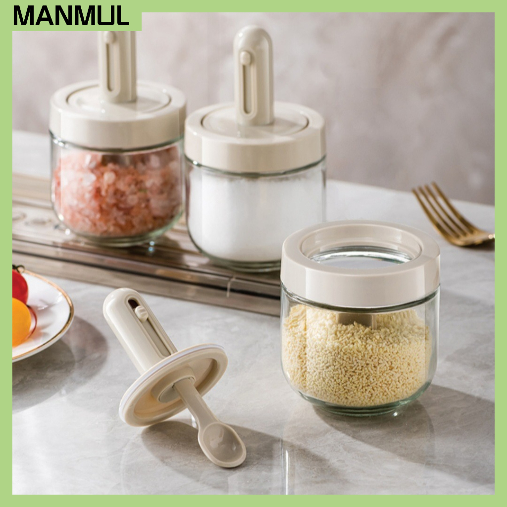 Kit 3 Potes de Vidro para Temperos 320ml com Colher Medidora Integrada · Tampa Hermética · Marca Coreana de Cozinha