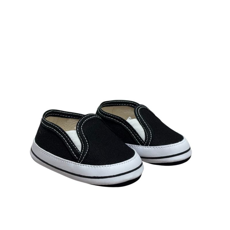 Tênis Bebê Preto Slip On Unissex Casual Confortável Infantil