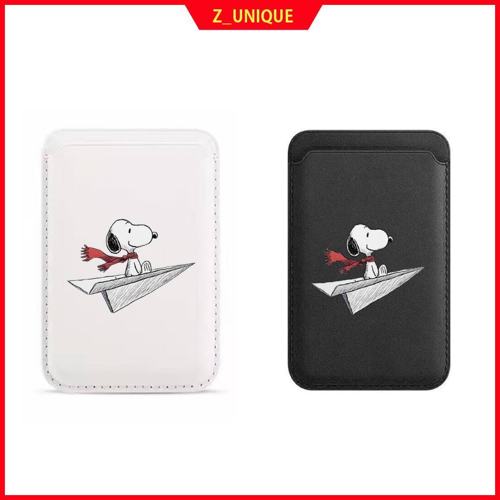 Carteira Porta-Cartões Snoopy MagSafe Para iPhone/Samsung | Capa Magnética Cartão Telefônico Avião Preto Branco