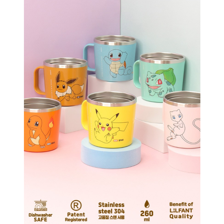Copo De Aço Inoxidável Pokemon L 260ml Caneca Segura Para Máquina De Lavar Louça (Bulbasaur Charmander Eevee Mew) Infant