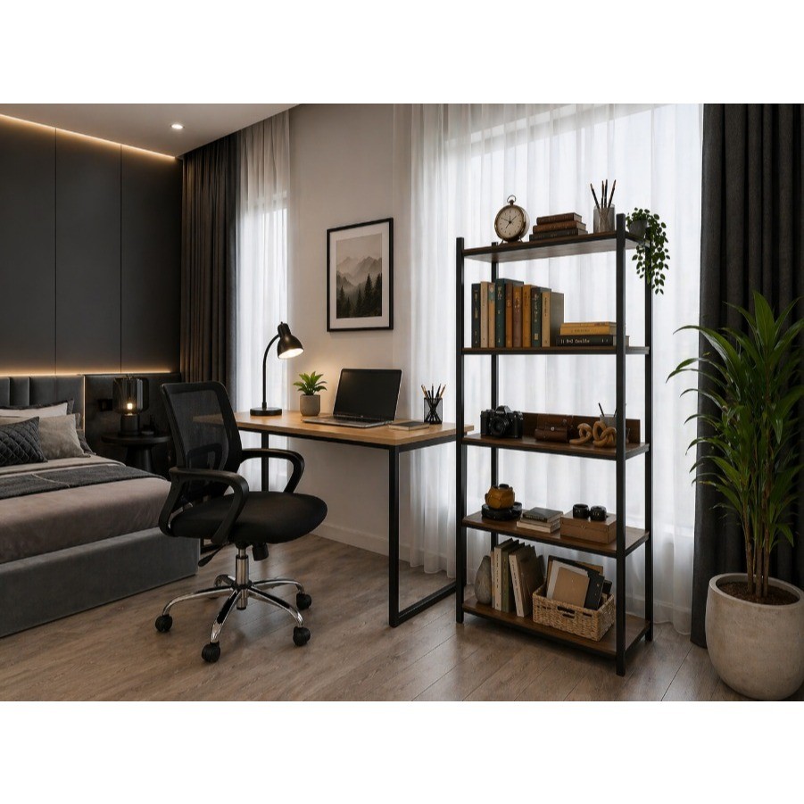 Mesa em L com Estante + Cadeira Office – Kit Completo Industrial para Home Office