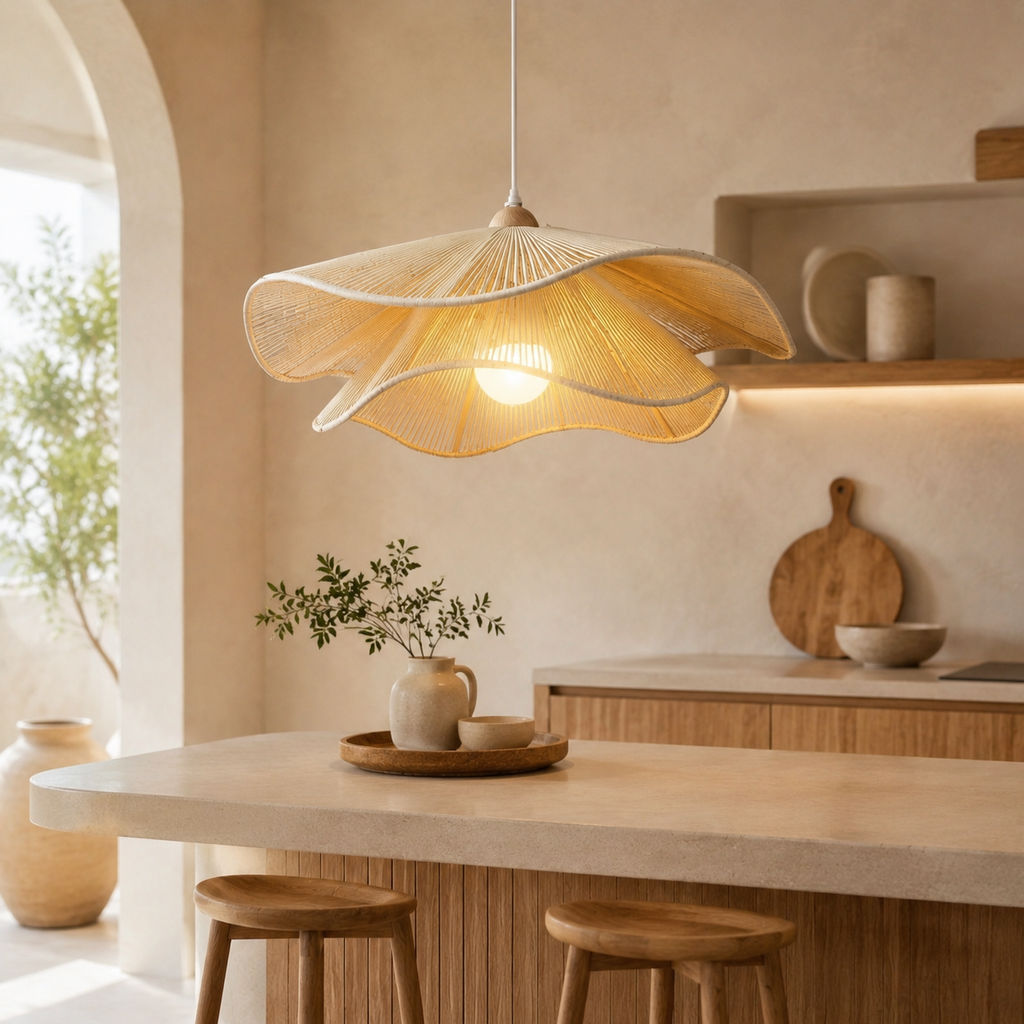 Luzes Pendentes De Rattan De Arte Tecida Estilo Japonês , Lâmpada Suspensa De Sombra De Folha Boho Para Restaurante , Es