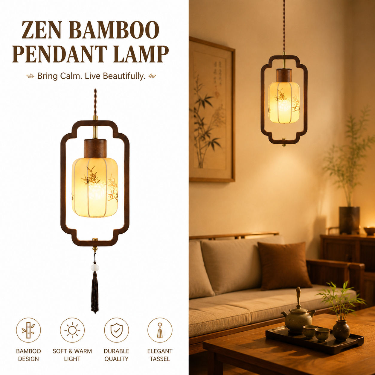 Imagem Luminária Pendente Zen Bambu Estilo Chinês Novo, Madeira Maciça 3 Cores Regulável Para Quarto Entrada Bar