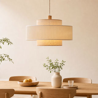 Luminária Pendente De 2 Camadas , Sombra De Linho Bege , Madeira Sólida , Suspensa Para Sala De Jantar , Cozinha , Ilha 