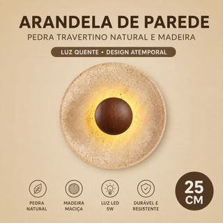 Arandela De Parede Travertino Natural Madeira Maciça LED 5w Luz Quente 25cm Redonda Para Quarto Sala