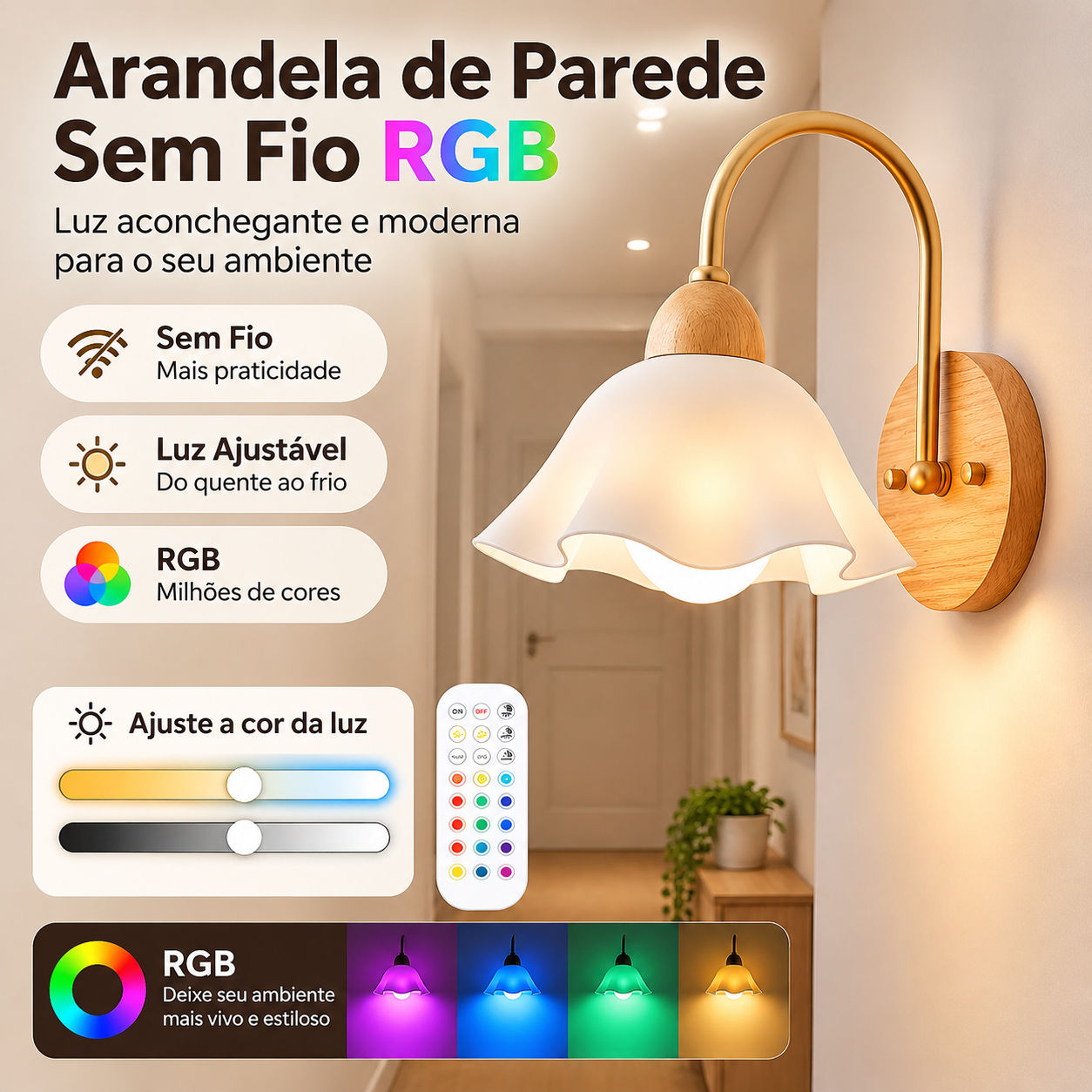 Arandela De Parede Sem Fio Recarregável RGB Controle Remoto Design Flor Luminária De Parede Moderna Para Quarto Sala