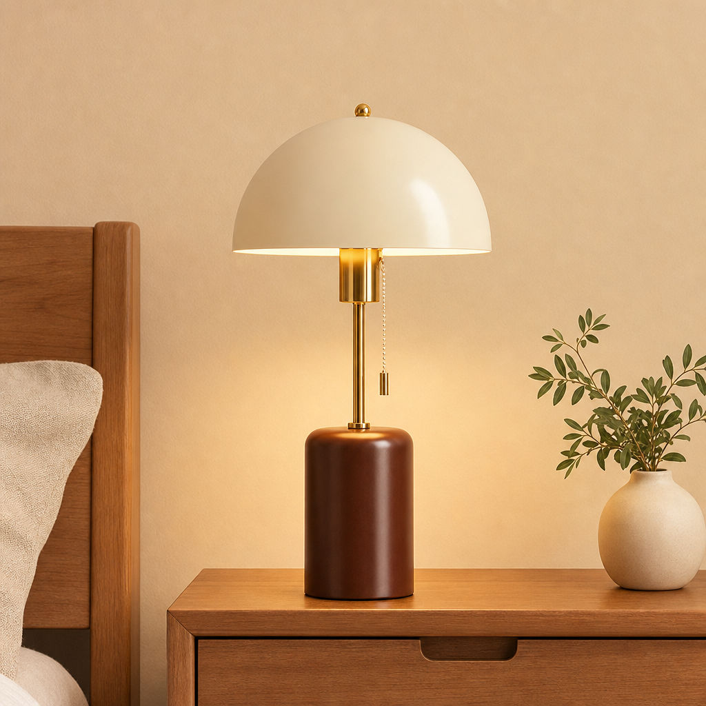 Candeeiro De Mesa Moderno Retro Base Marrom Fora Branco Abajur Puxar Corrente Regulável Para O Quarto Sala Estar