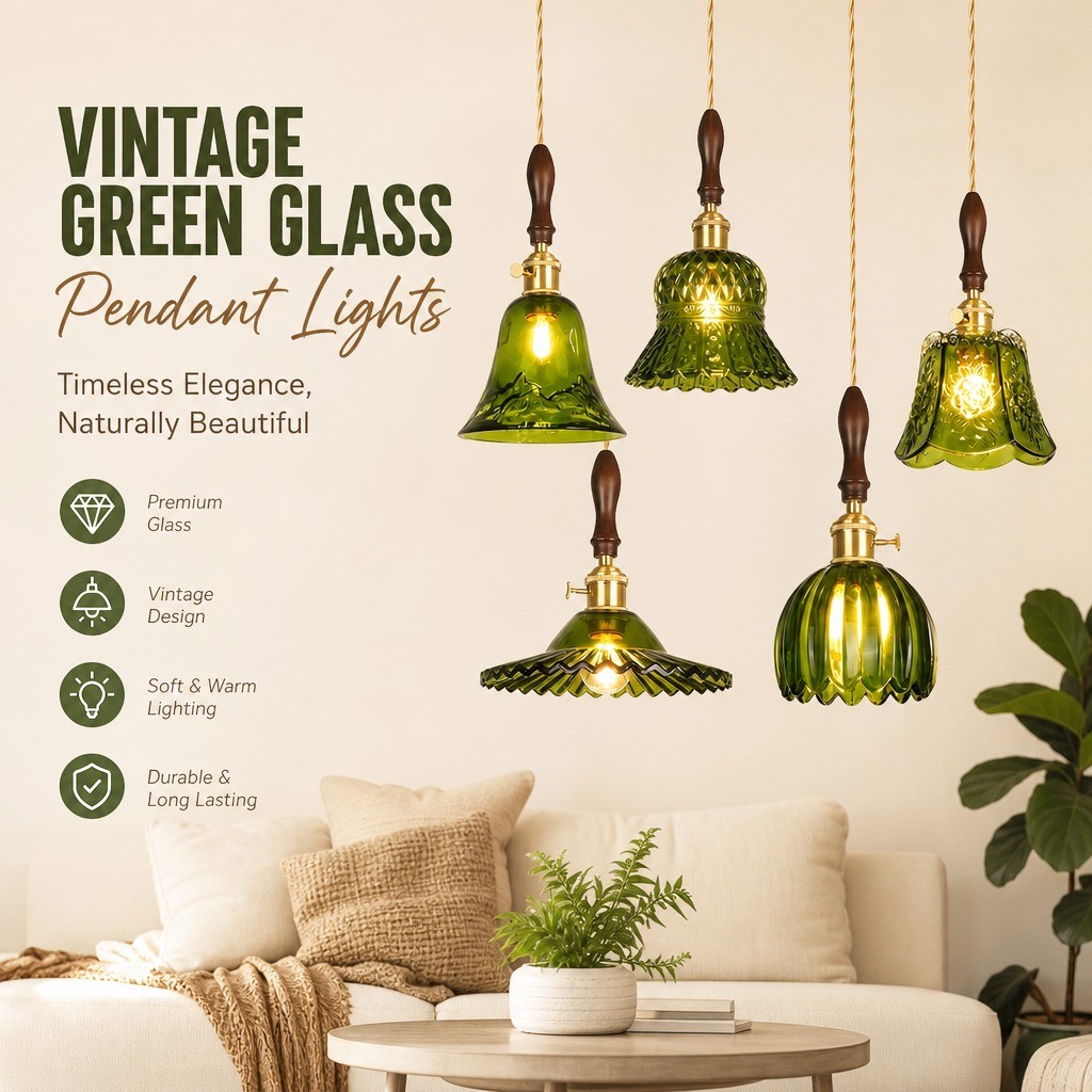CZHLIFE Luz Pendente De Vidro Verde Vintage , Lâmpada Suspensa Ajustável De Latão Antigo , Base E27 Para Sala De Jantar 