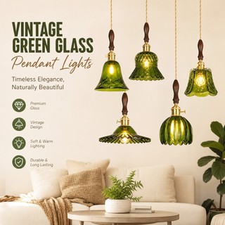 CZHLIFE Luz Pendente De Vidro Verde Vintage , Lâmpada Suspensa Ajustável De Latão Antigo , Base E27 Para Sala De Jantar 