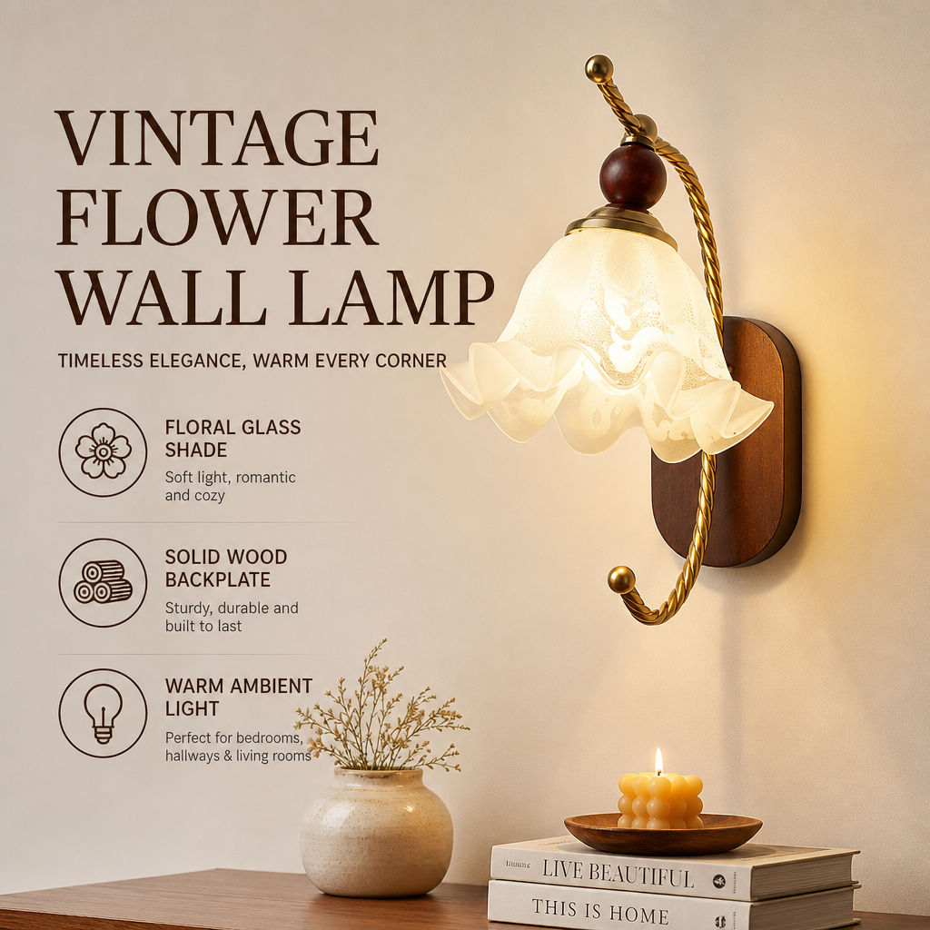 Vintage Retro Flor Lâmpada De Parede Madeira Maciça Abajur Vidro Luz Quente Para Quarto Cabeceira Sala Estar Decoração