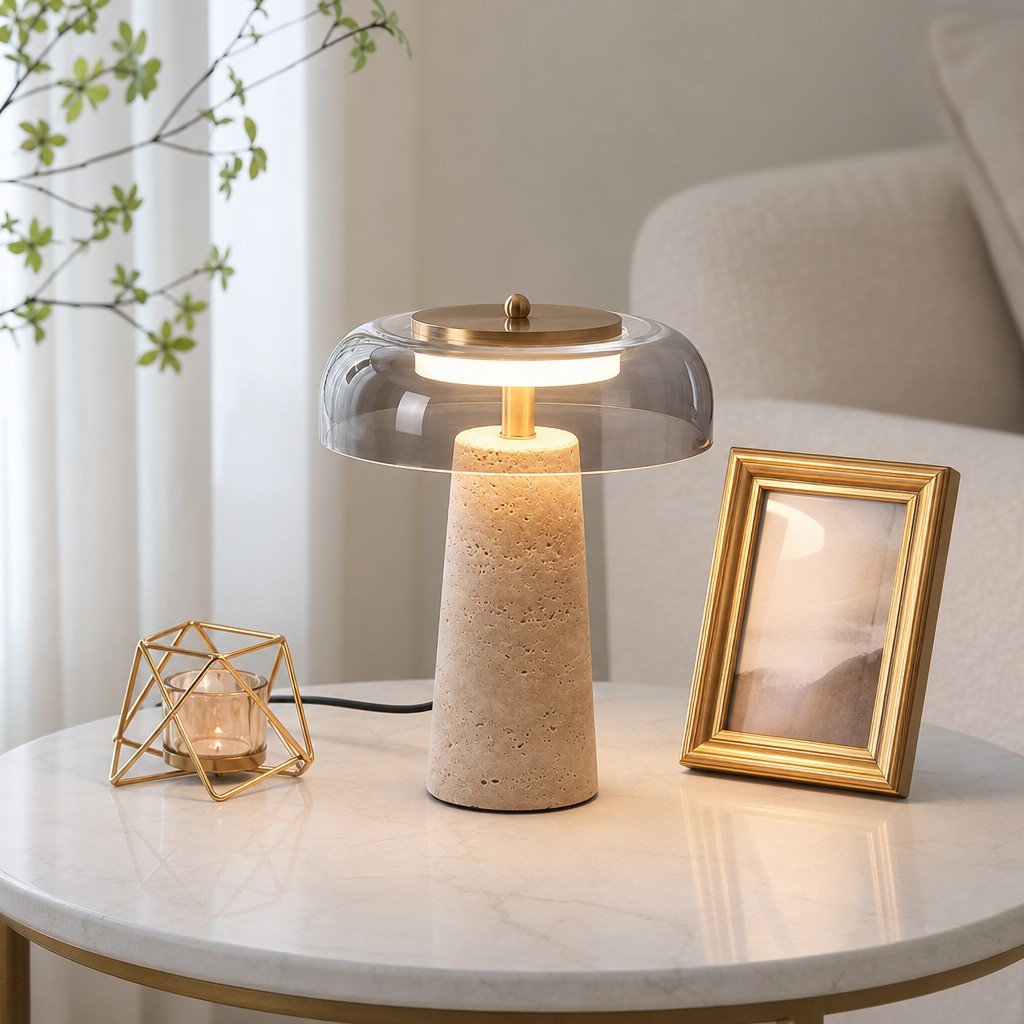 Abajur De Mesa Minimalista Nórdico, Base Travertine Amarela E Sombra De Vidro ; Para Salas De Estar, Quartos Estudo